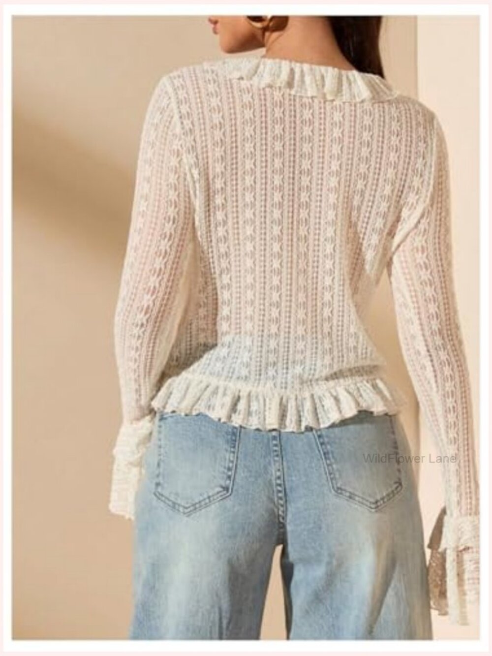 Lace Tie Front Ruffle Top Deep V Neck Sheer Bell Sleeve Going Out T-Shirt - Picture 2 of 5